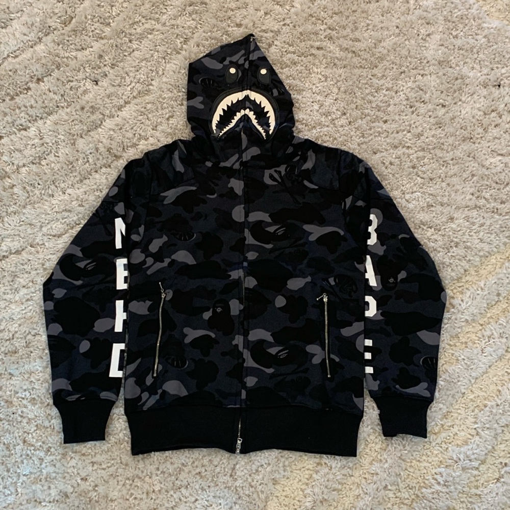 A bathing Ape Bape NBHD Black Camo Shark Hoodie double zip Men’s Large